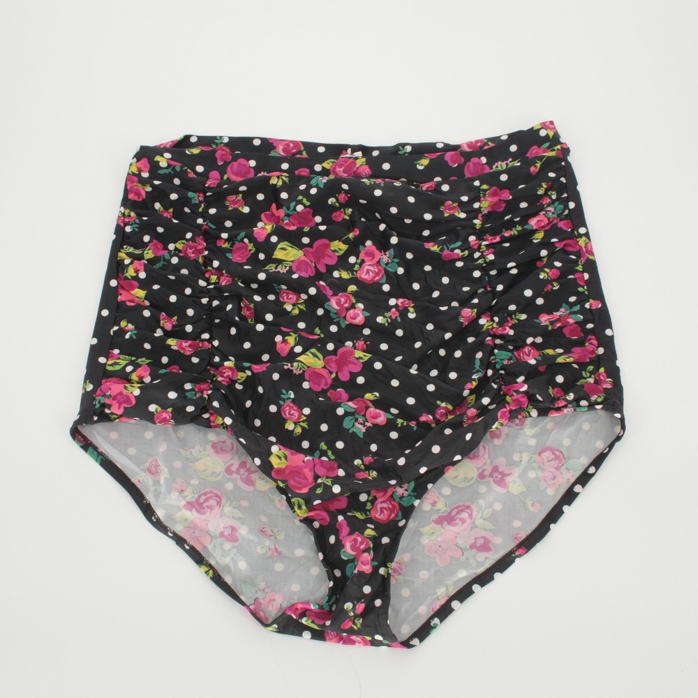 Cocoship Women's Black Floral Polka Dot High Waisted Bikini Bottom Size 3XL